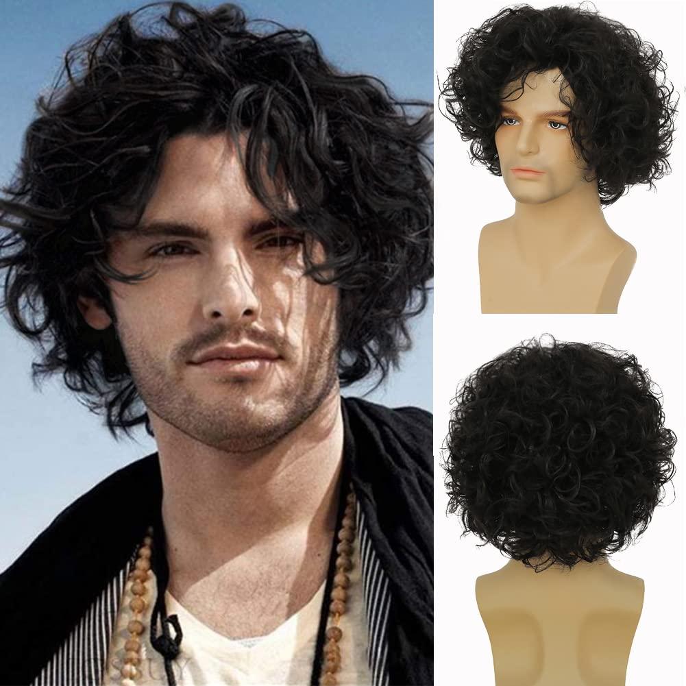 Swiking Curly Short Black Men Wigs Layered Wig Fluffy with Bang Halloween Party Cosplay Costume Hair Synthetic Wigs for MaleBlack