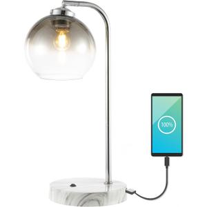 JONATHAN Y 20" Chrome Industrial LED Task Lamp with USB Charging Port, Adjustable Smoke Gray Glass Globe Table Lamp with White Marble Base, LED Bulb Included JYL1131A