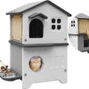 Cat House Outdoor Weatherpoof Plastic Cats Houses with Elevated Cat Bowls, Cat Scratch Pads and Escape Door, 2-Story Indoor Waterproof Feral/Pet Cat Shelter Outside for Multiple Cats, Grey