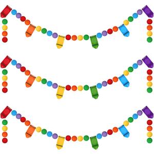 Rtteri 3 Pcs Crayon Felt Pom Pom Ball Garland Classroom Back to School Decor Handmade Felt Ball Hanging Garland for School Classroom Ambience Celebration Decor