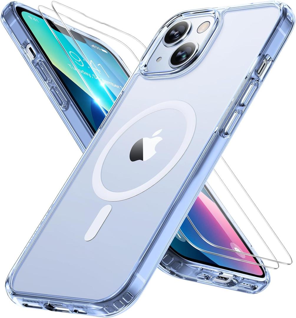 Miracase Magnetic for iPhone 13 Case 6.1 inch (Compatible with MagSafe)with 2X Screen Protectors Military-Grade Protection, Anti-Fingerprint Translucent Matte Phone Case Cover, Clear Blue