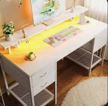 Huuger 55 inch Computer Desk with 4 Drawers, Gaming Desk with LED Lights & Power Outlets, Home Office Desk with Large Storage Space for Bedroom, Work from Home, White