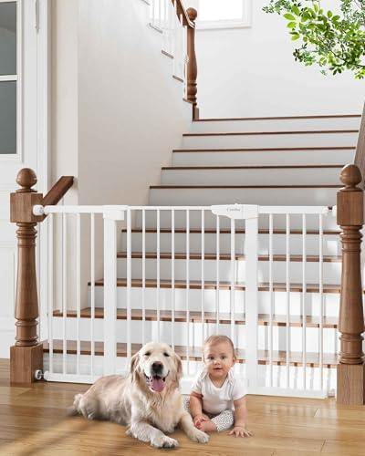 Cumbor 29.7-54.2" Wide Baby Gate for Stairs, Mom's Choice Awards Winner-Self Closing Dog Gate Indoor for Doorways, No Drilling Pressure Mounted Pet Gates for Kids, Easy Walk Through Safety Gate, White