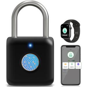 Fingerprint Padlock, Pothunder Smart Padlock, Locker Lock, Fingerprint Lock with APP Unlock, USB Rechargeable, Suitable for Gym Locker, Door(Black)