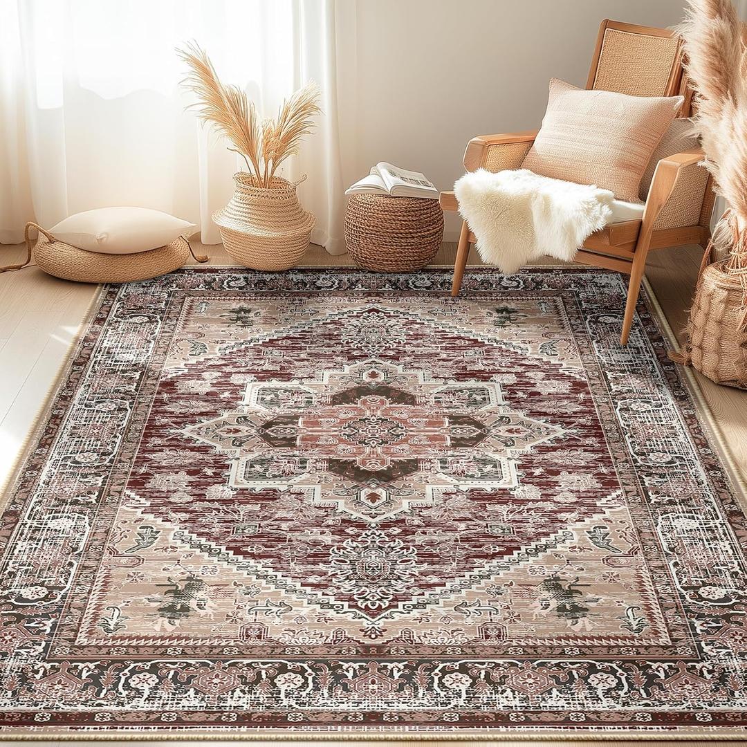 BESTSWEETIE 5x7 Area Rugs for Living Room Washable Non Slip Carpet Low Pile Soft Vintage Print Pattern Rug for Bedroom Dining Room Kitchen Entryway Indoor-Burgundy/Brown/Brick/Black/Light tan