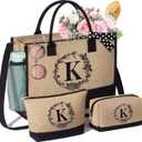 Personalized Gifts for Women Tote Bag, Initial Jute Tote Bag & Makeup Bags Monogrammed Beach Bag w/ Zipper, Birthday Gifts Mothers Day Gifts for Mom Women Her Friend Sister Wife Grandma Teacher Nurse