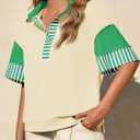 Fisoew Womens Color Block Sweatshirts Casual Short Sleeve Collared V Neck Slit Loose Summer T Shirts (Yellow)