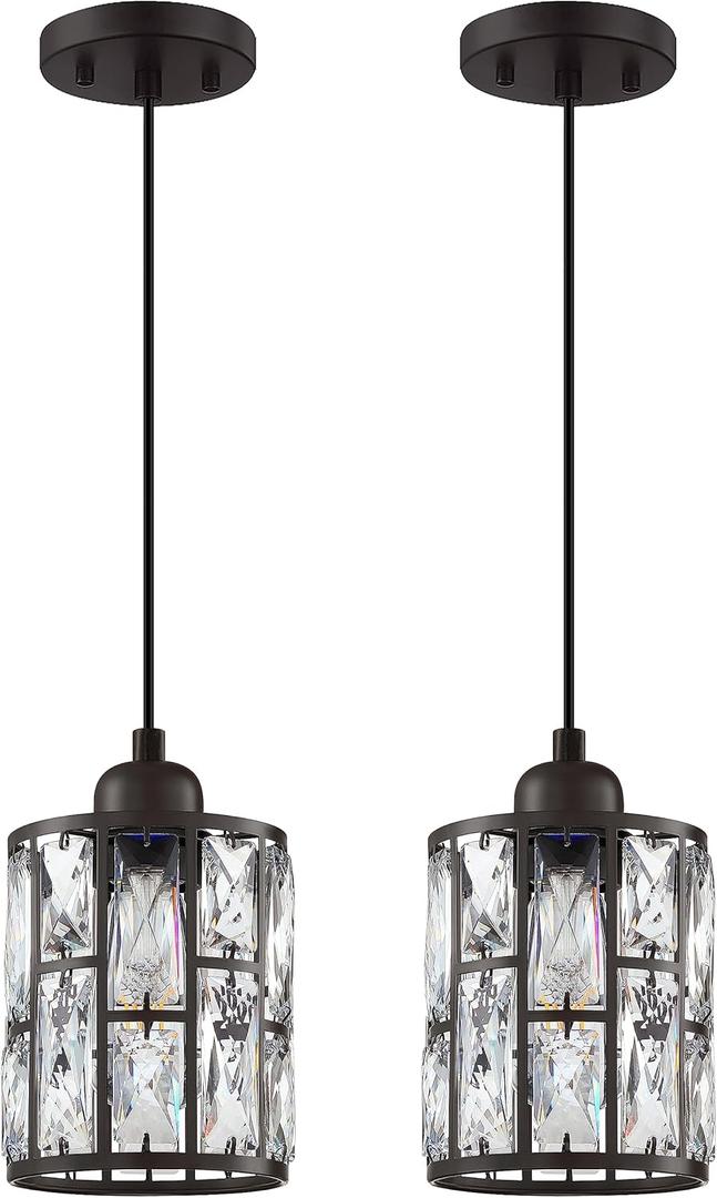 2 Pack 1 Light Modern 5.3" Crystal Hanging Kitchen Island Ceiling Pendant Light Fixture,Oil Rubbed Bronze Finish for Bar, Dining Room,Over