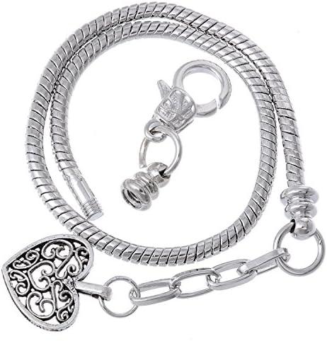 RUBYCA 9 pcs 8.7" Lobster Clasp Heart Pendant Bead Snake Chain European Charm Bracelet Silver Tone