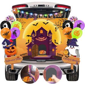 Halloween Trunk or Treat Decorations Kit for Car SUV with Trick or Treat Banner, Backdrop, Balloons, Stickers, Halloween Decor for Garage Door Entryway Archway