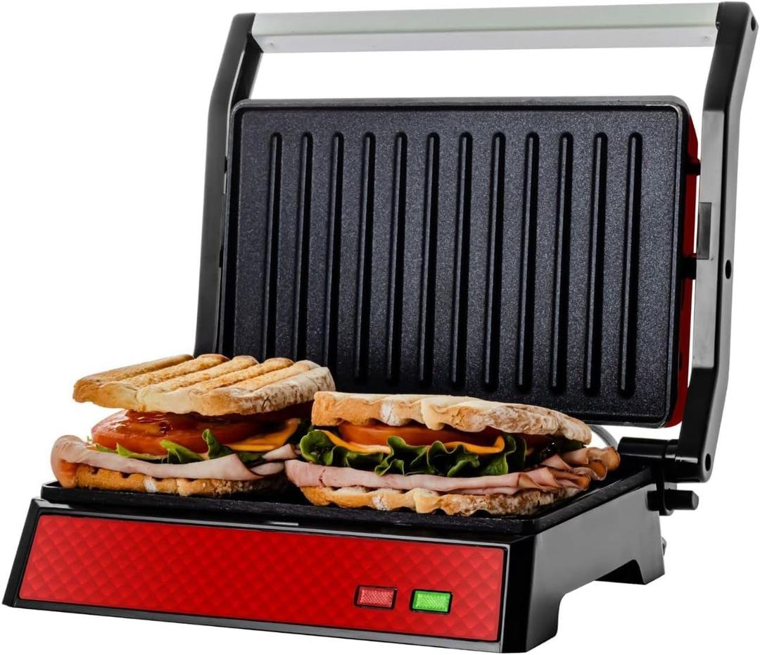 OVENTE Electric Indoor Panini Press Grill and Sandwich Maker with Non-Stick Coated Plates, Cool-Touch Handle and Removable Drip Tray, Opens 180 Degrees to Fit Any Type or Size of Food, Red GP0540R