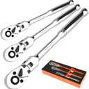 PRIDE&CRAFT 3pc Flex Head Ratchet Wrench Set, 1/4", 3/8", 1/2" Drive, 72-Tooth, Socket Wrench Quick Release Reversible Design, Chrome Alloy Made, EVA Organizer