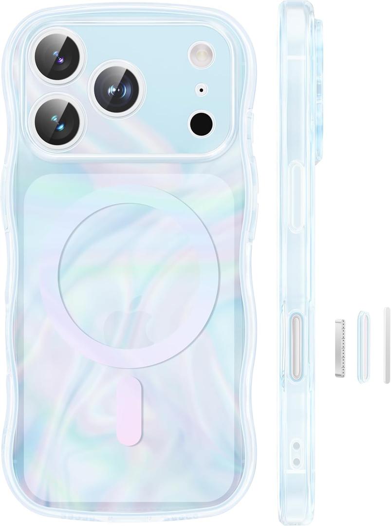 GVIEWIN Magnetic for iPhone 17 Pro Case, [Full Camera Protection] [Compatible with MagSafe] Curly Wavy Frame Gradient Sparkly Glitter Women Girls Phone Cover for 17 Pro 6.3", Blue