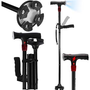 Walking Cane for Men & Women with Alarm, LED Light and Foldable Handle, Foldable, Adjustable, Lightweight, Free Self Standing Walking Cane for Seniors & Adults (black)