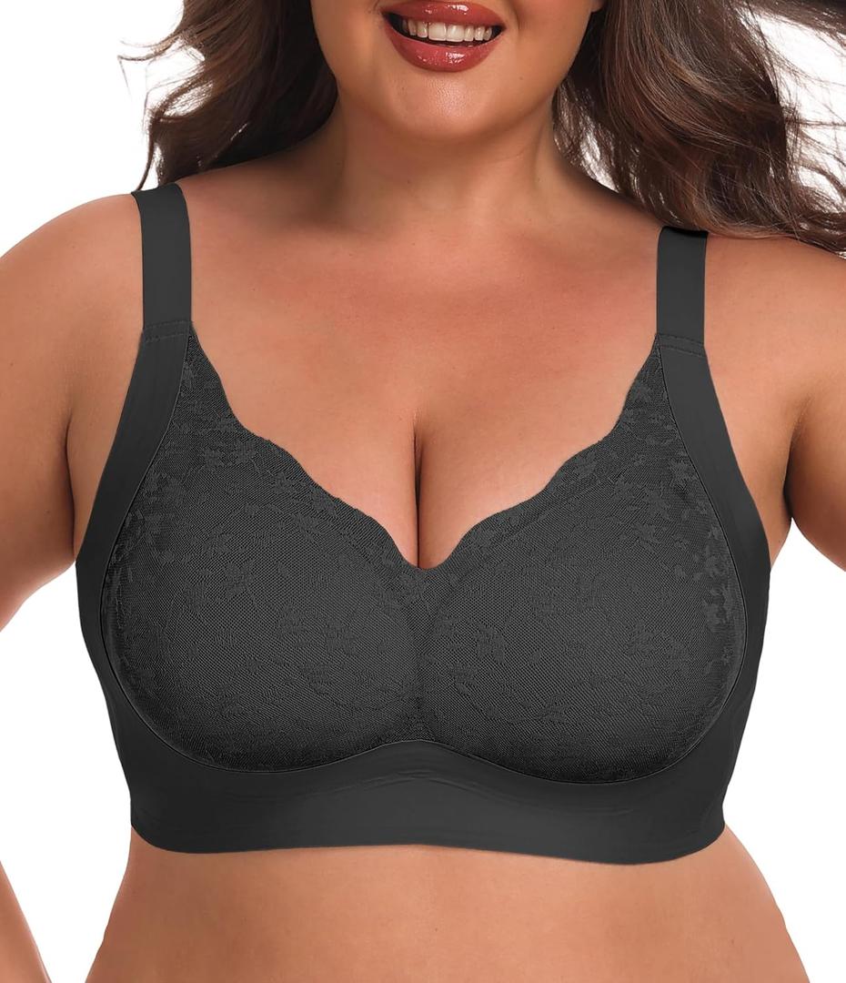 OLRIK Plus Size Lace Bralette Wireless Full Coverage No Underwire Back Smoothing Seamless Breathable Everyday Bras with Stretch Lace Black-2XL