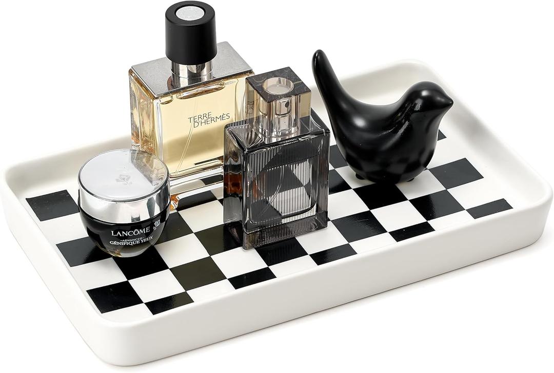 Texture Checkered Surface 10"6"1" Bathroom Vanity Tray for Countertop- Ceramic Decorative Organizer Tray for Dresser Top, Toilet, Perfume, Sponge Holder Soap Dish Dispenser for Kitchen Counter