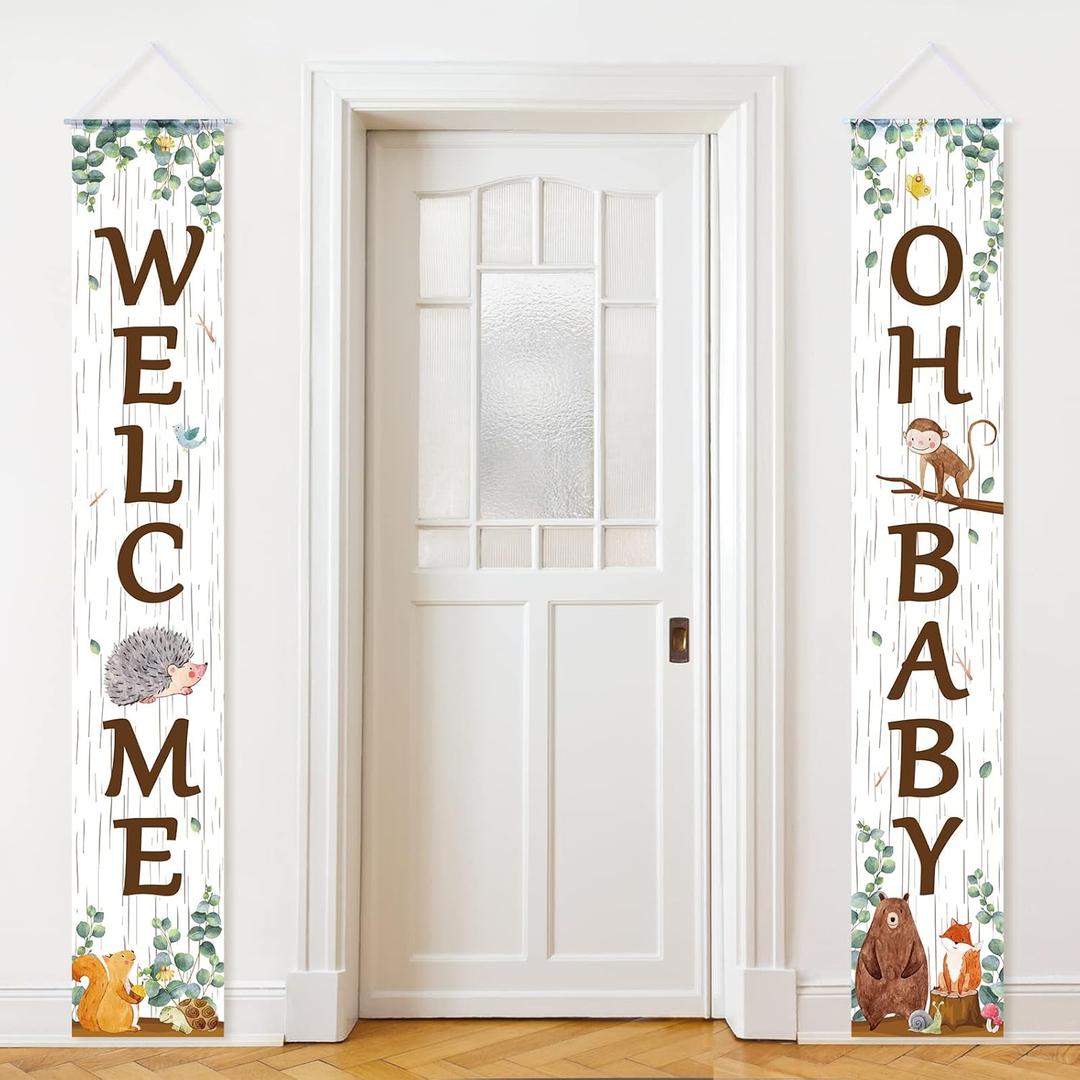 Outdoor Woodland Animal Porch Sign for Baby Shower Party Decorations Animal Banner Baby Hanging Banner for Home Boy or Girl Woodland Creatures Forest Welcome Party Supplies