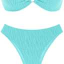 ZAFUL Women's Strapless Ribbed V Wired Lace Up Ruffle Tie High Cut Bandeau Swimsuits Bikini Set (Small, Blue)