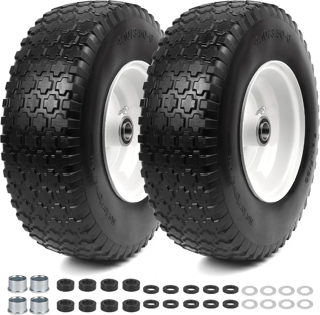 2 x AR-PRO (2 Pack) 4.10/3.50-6 Flat Free Tire and Wheel, Solid Tire with Steel Rim, 3" -6.25 Centered Hub, 3/4" Bearing with 5/8" Adapter, for Wheelbarrow, Hand Truck & Utility Equipment