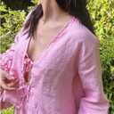 WDIRARA Women's Tie Front V Neck Blouse Long Sleeve Y2k Going Out Tops (Pink, S)