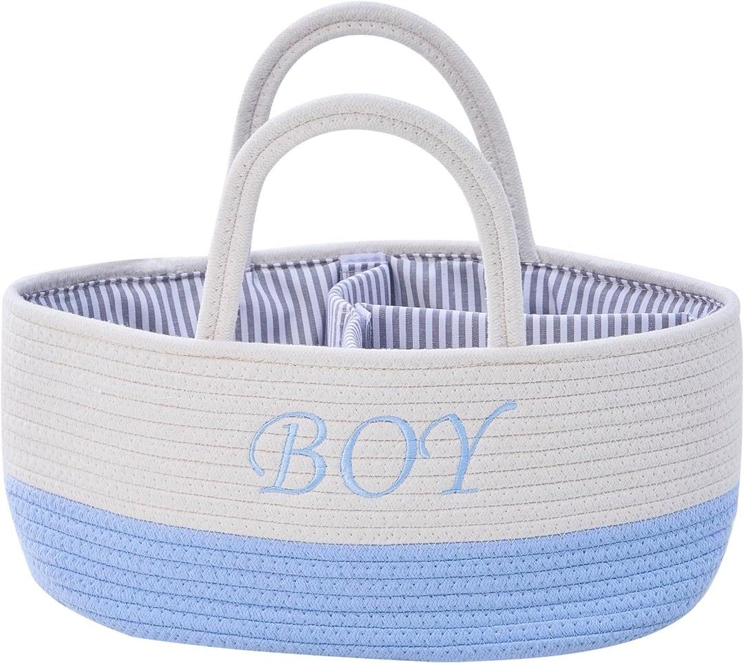 DUHEL Diaper Caddy Organizer with Handle,Baby Basket use for Diaper Organizer and Storage,Baby Boys Newborn Essentials,3 Compartments-Cotton rope Material Storage for Home or Travel.(WhiteBlue)