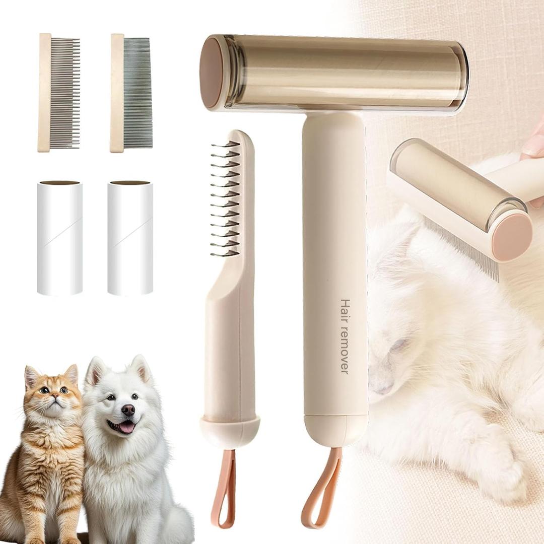 3-in-1 Pet Grooming Brush for Dogs & Cats | Deshedding & Dematting Comb with Built-in Lint Roller | Use with Our Sticky Hair Remover for Complete Fur Care(Coffee color)