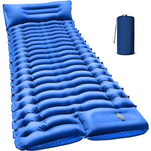 Camping Sleeping Pad with Pillow Built-in Foot Pump Inflatable Sleeping Mat Compact for Camping Backpacking Hiking Traveling - Blue