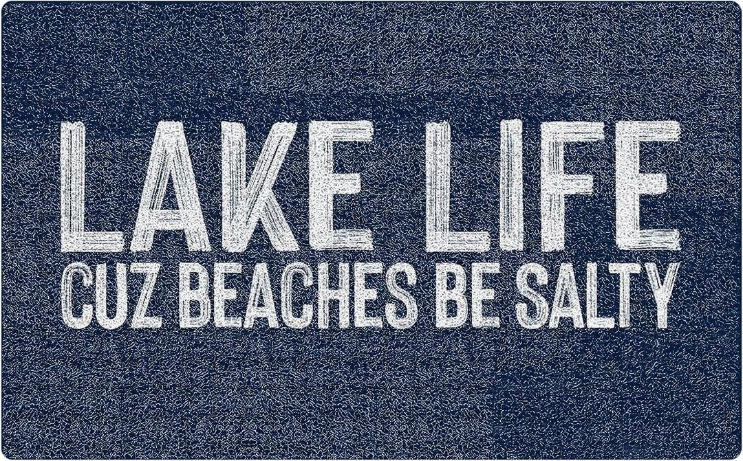 SPBL&L Lake Door Mat, Lake Life Cuz Beaches Be Salty Welcome Doormat for Front Door Porch Entryway Indoor Outdoor Outside, Blue and White Bath Mat, 17x30 Inch