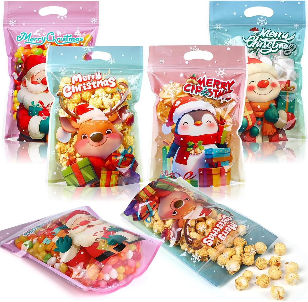 Honeydak 100 Pcs Christmas Sealing Treat Bags, 8.9 x 6.1 Inch Merry Christmas Sealed Pouch with Handles Resealable Santa Snowman Plastic Bags for Xmas Holiday Party Candy Gift Wrapping Supplies Decor