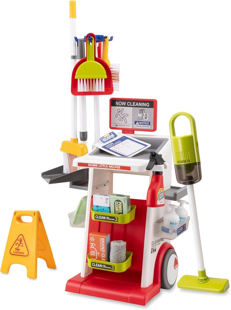Kids Cleaning Toy Set-Cleaning Tools with Toy Vacuum Cleaner Mop & Spray BottleCleaning CartsPretend Play Educational Toys for Toddlers & Preschoolers Ages 3-5(red)