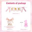 First Birthday Decorations for Girl - Pink Bow Complete Party Set with High Chair Banner, 1st Birthday Candle, Party Hat (Glitter One)