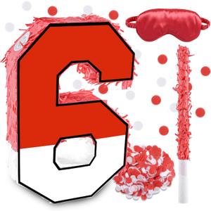 16 Inch Red and White Number 6 Pinata, Birthday Pinata with 16 Inch Piata Stick Blindfold Confetti for Kids 6th Birthday Party Decorations