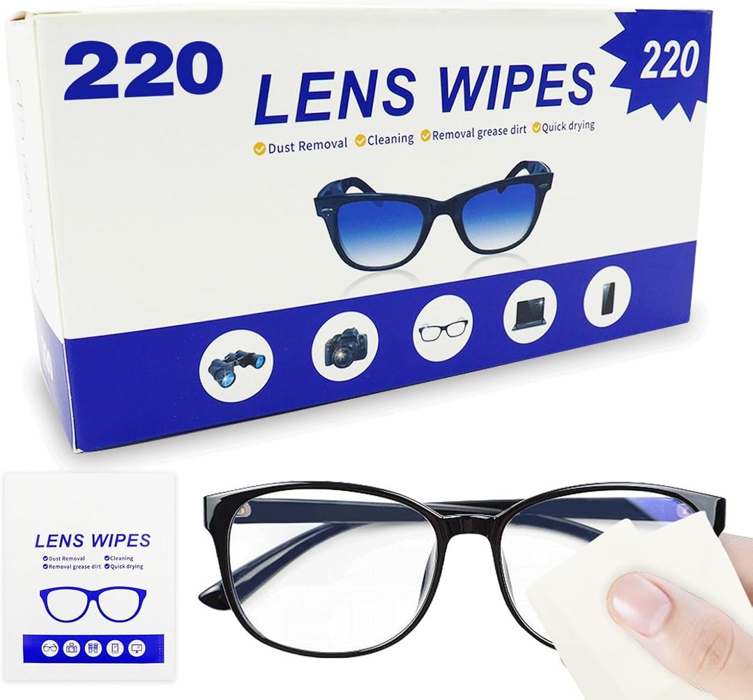 Lens Wipes 220pcs, Individually Wrapped Pre-Moistened Wipes for Eyeglasses, Phone Screens, Cameras - Streak-Free & Gentle
