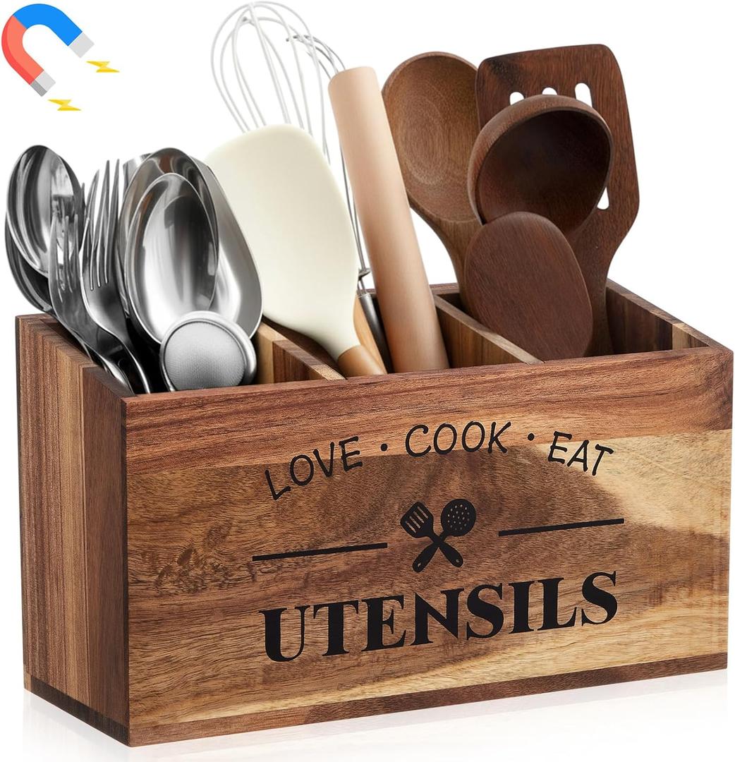 Acacia Wood Magnetic Utensil Holder Large Kitchen Silverware Holder with 3 Compartments for Fridge Counter Wooden Kitchen Countertop Organizer for Cooking Tools and Cutlery, Farmhouse Style