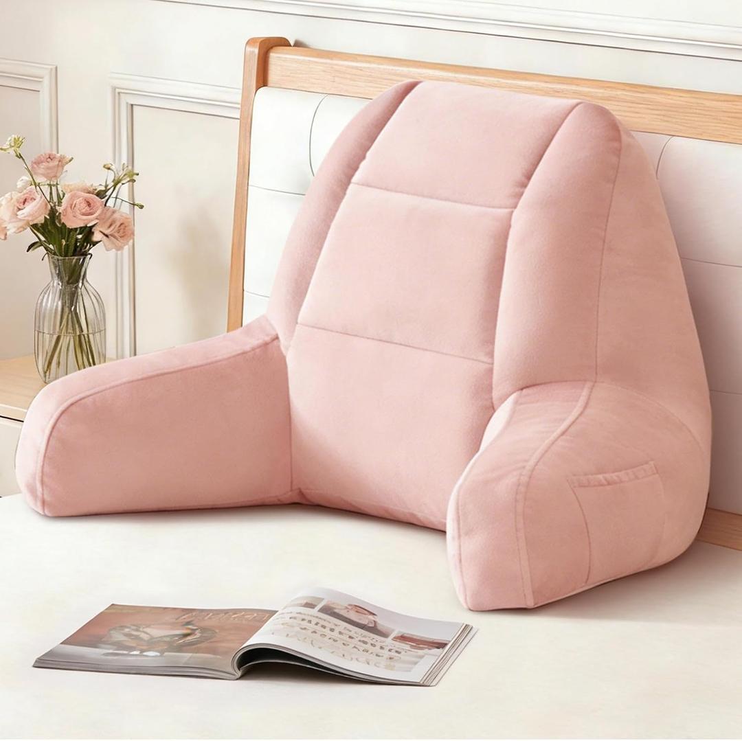 Back Pillow for Bed Sitting Up, Reading Pillows for Beds, Bed Pillow for Sitting up, Backrest Pillows with Arms for Adult, Filled with Shredded Memory Foam for Beds, Couch, Floor, Pink, X-large