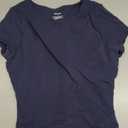 QINSEN Women's Crew Neck Short Sleeve Tees Double Lined Slim Fit T Shirt Basic Y2K Tops (Navy)