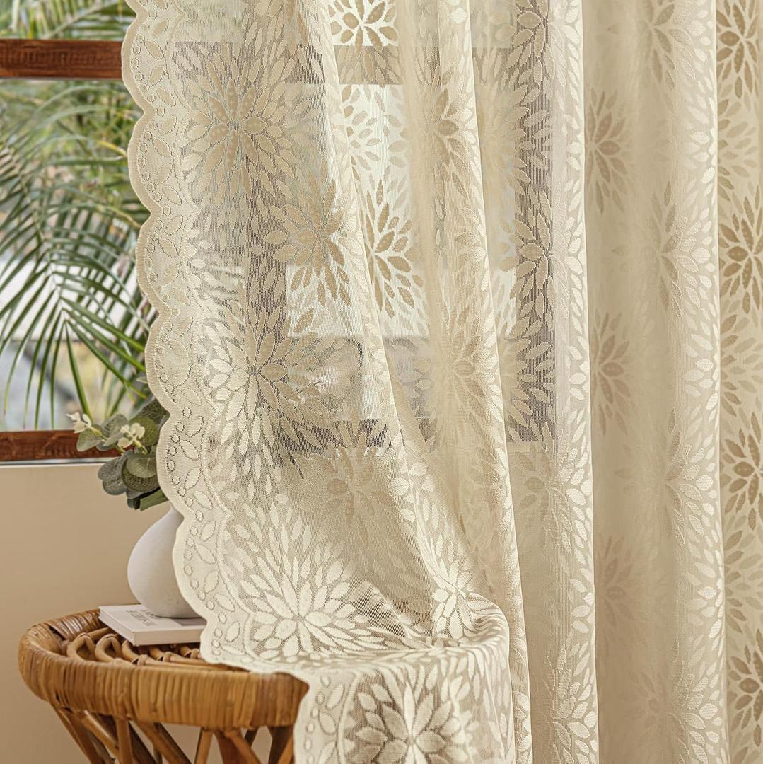 MIULEE Vintage Lace Curtains 84 Inches Long 2 Panels, Victorian Decorative Floral Scalloped Semi Sheer Curtains Light Filtering Rod Pocket Panels Decor for Bedroom Living Room, 52" W x 84" L, Beige