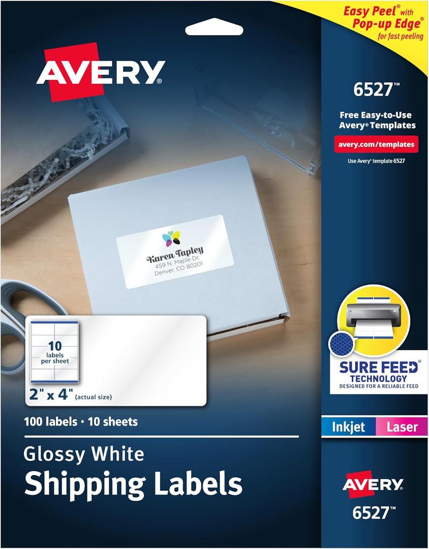 Avery Shipping Labels, Sure Feed and Easy Peel Technology, Glossy White Labels, 2" x 4", Permanent Adhesive, Laser/Inkjet, 100 Total (6527) (One Size)