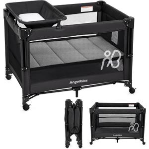 ANGELBLISS Baby Bassinet Bedside Crib, Pack and Play with Mattress, Diaper Changer, One-Push Setup Playards from Infants to Toddlers (Black)