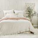 meadow park 100% Stone Washed Linen Duvet Cover Set 3 Pieces, King Size 104 inches x 92 inches, Shams 20 inches x 36 inches, Ruffled Style, Button Closure, Corner Ties, Super Soft, Light Taupe