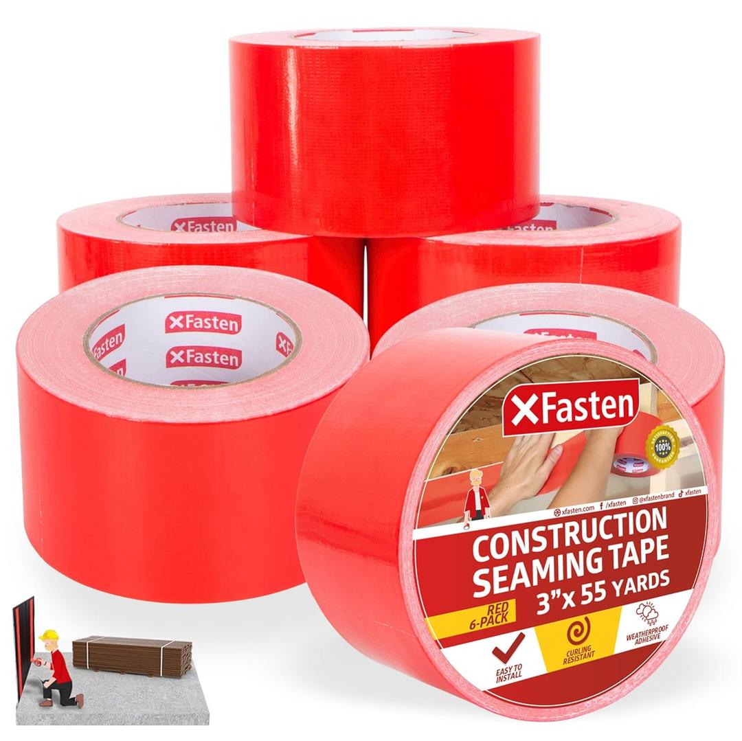 XFasten Construction Seaming Tape Red 3x55Yds (6-Pack, 990Feet Total) Sheathing Tape for Epoxy Resin Tape, Waterproof Crawlspace Vapor Barrier Tape, House Wrap Construction Tape, Foam Board Tape