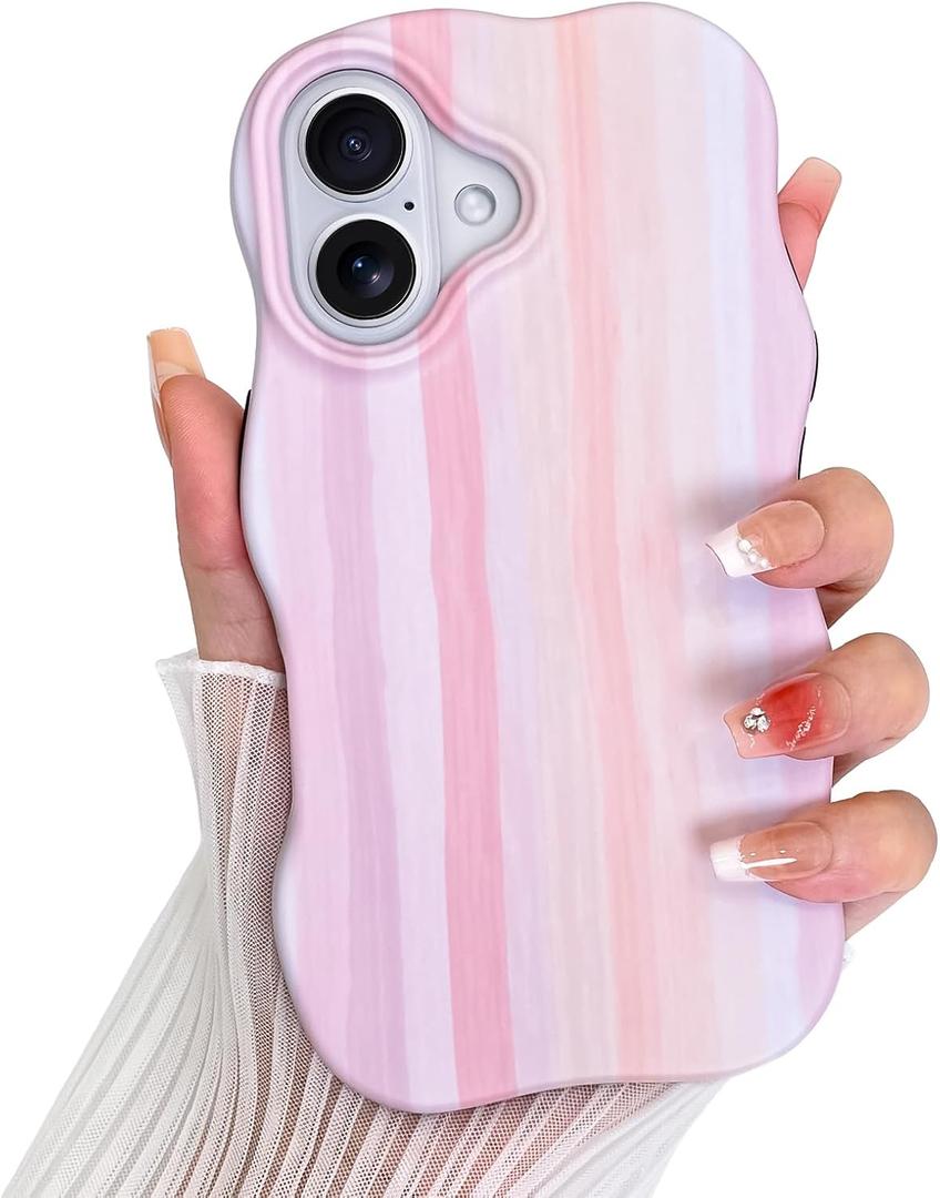 LSL Case for iPhone 16, Cute Pink Stripes Striped Pattern Case for Women Girls Curly Wave Edge Girly Trendy Bold Protective Phone Cover