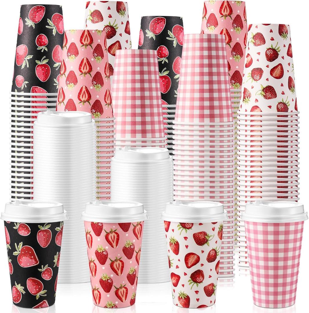 Jingmore 100 Pcs 12 Oz Strawberry Disposable Coffee Cups with Lids Red Strawberry Paper Drinking Cup for Hot Cold Beverage Drink Juices for Stand Supplies Summer Party Decoration Birthday