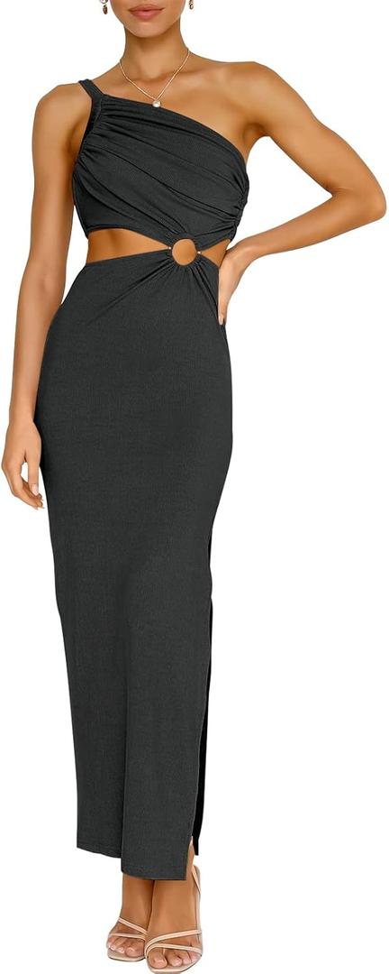 ANRABESS Women Summer One Shoulder Sleeveless Maxi Dress Cutout Sexy Bodycon Semi Formal Dinner Date Vacation Dresses (Large, Black)