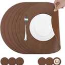 comfoyar Faux Leather Round Placemats with Coasters Set of 6, 13x13 Inch Non-Slip Heat Resistant Dual-Sided Brown Place Mats, Waterproof Table Mats for Kitchen Dining Party Table Decoration