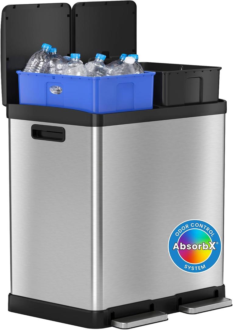 iTouchless 16 Gallon Dual Step Trash Can and Recycle Bin with Lid, Stainless Steel Kitchen Garbage 2 Compartment Sorting, Odor Control Filter, AirNova Silent Close, Fingerprint-Proof, Matte Silver