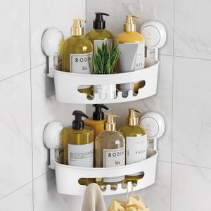 LEVERLOC Corner Shower Caddy Suction Cup, shower shelves suction cup, 2 Pack Basket Powerful Bathroom, Waterproof & Oil-Proof Organizer for Kitchen, No-Drilling Removable (White)