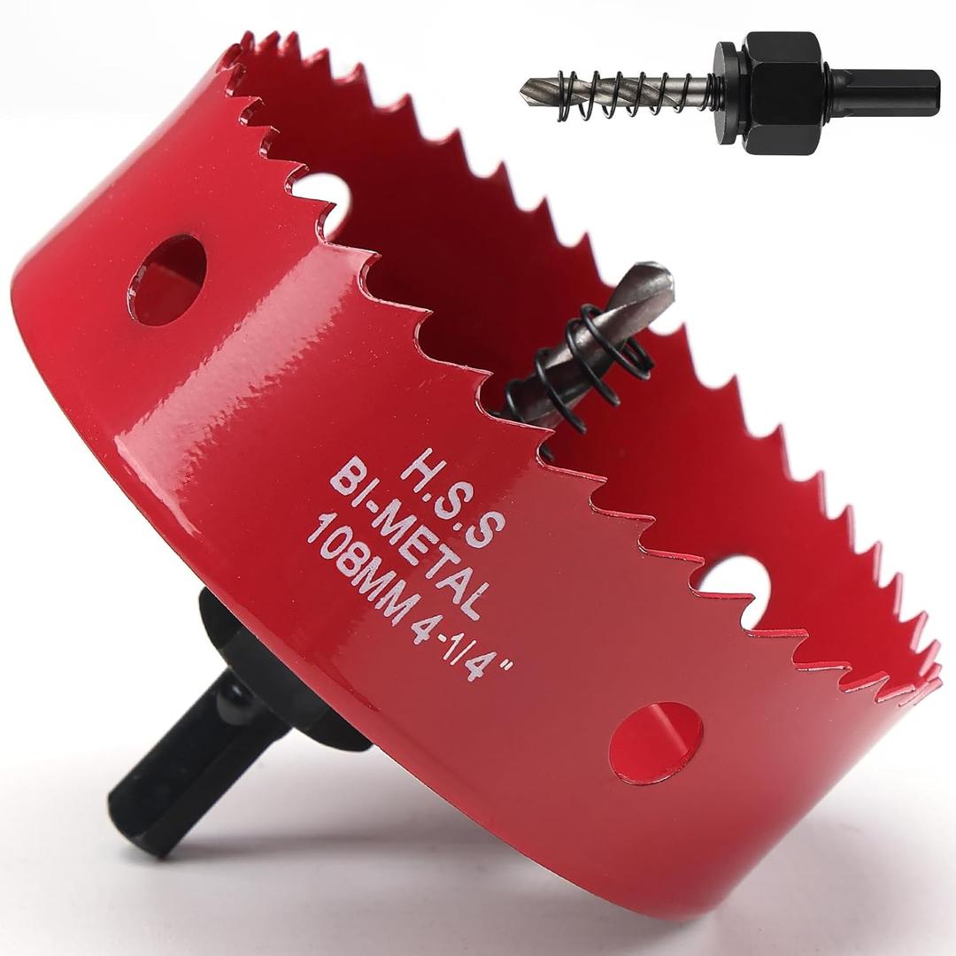 4-1/4 Inch Hole Saw for Wood, 108mm HSS BI-Metal Hole Saw for Recessed Lighting, 35mm Cutting Depth Hole Cutter with Hex Shank Drill Bit Adapter for Cornhole Boards Plastic Drywall Fiberboard, Red
