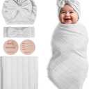 Muslin Blanket,Baby Swaddle Set Newborn - Receiving Headband Blankets and Bow Hat,Newborn Essentials, Soft Nursery Swaddling BlanketsStretchy Baby Blankets for Girls and Boys Unisex(White)