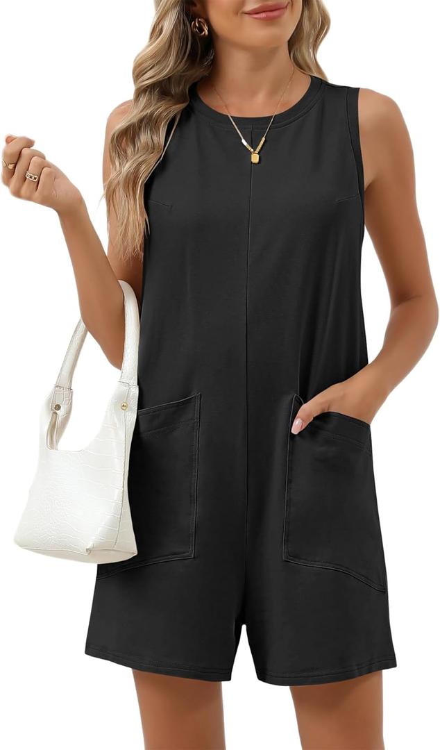 Womens Romper Casual Loose Sleeveless 2025 Summer One Piece Outfit Crewneck Short Jumpsuit Overall Outfits & Pockets (Black, S)